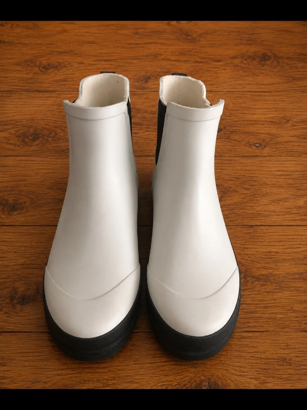 J. Crew White Chelsea-Style Rain Booties with Black Panels